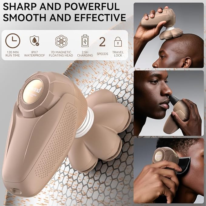 3-in-1 Electric Razor for Women’s Legs & Bald Head, IPX7 Waterproof Wet/Dry Grooming Kit with 7D Magnetic Blade, 120-Min Type-C Rechargeable Razor, Ideal Holiday Gift, Mocha