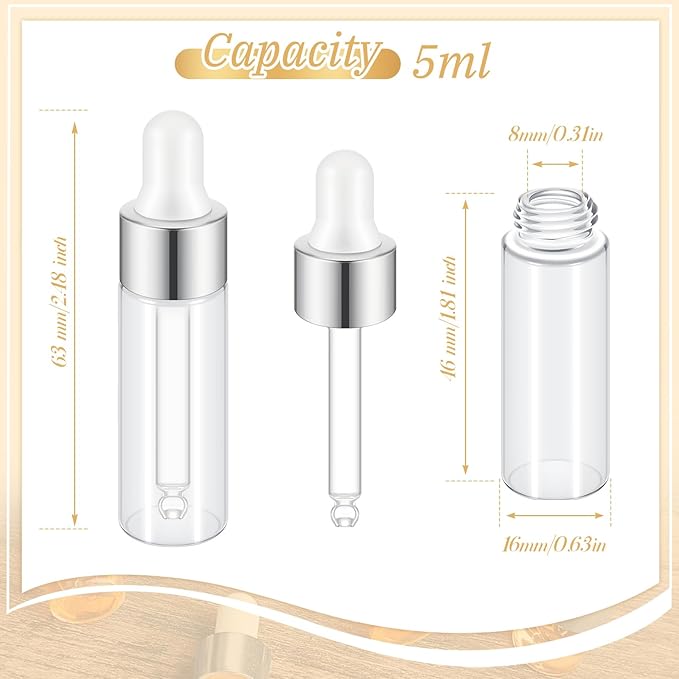 200 Pcs Mini Glass Oil Dropper Bottle Bulk, Clear Essential Small Empty Bottles Sample Containers Perfume Liquid Vials with Cap for Traveling (5 ml,Silver)