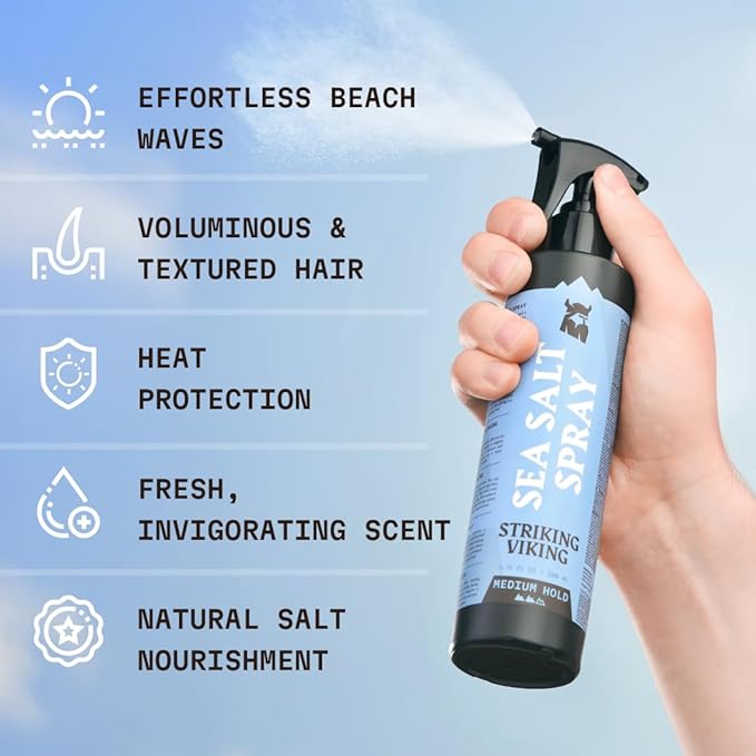 Striking Viking Sea Salt Spray for Men - Medium Hold - 6.76 Fl Oz (200ml) Blue Ocean Scent - Texturizing, Volumizing & Curl Enhancing - Beachy Texture Salt Spray for Hair