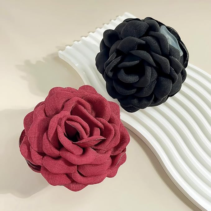 4pcs Handmade Fabric Rose Flower Hair Claw Clip for Women Girls, 3.94" Large Boho Hawaiian Floral Hairpins Barrettes for Thick Thin Hair Styling Accessories(Red Green)