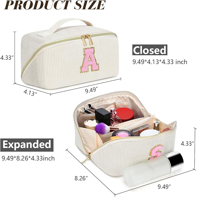 Personalized Initial Makeup Bag, Valentine's Day Gifts for Girls,Preppy Bag Cosmetic Travel Bag Women,Travel Toiletry Organizer,Large Capacity Corduroy Stuff Bag,Cute Cosmetic Pouch Skincare Bag