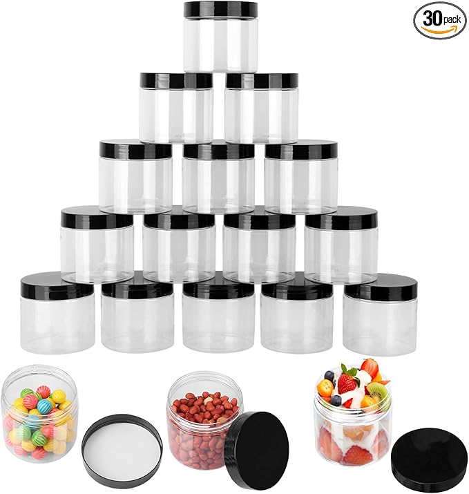 30 Packs 14 OZ Transparent Plastic Jars with black Lids, Body Butter Containers, Cosmetic Containers jars for Kitchen Ingredients, beads, sequins, Lotion, Cream, DIY Crafts and More by KUKLIPJIM.