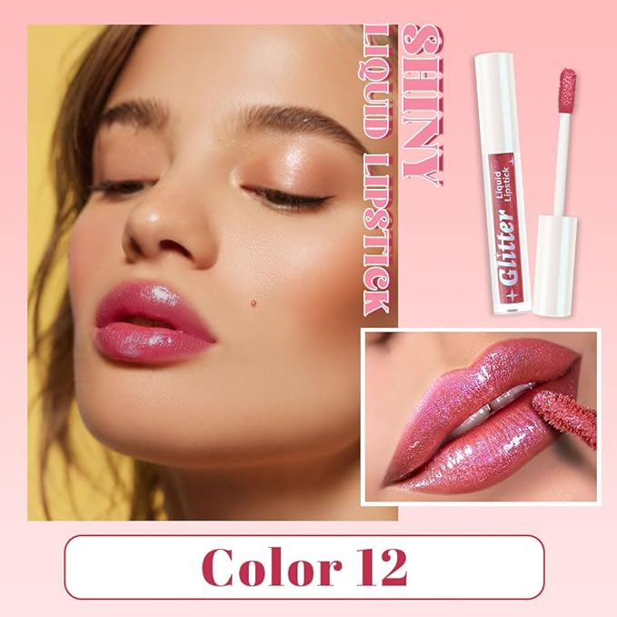 AMY'S DIARY Rose Pink Shimmer Liquid Lipstick, Shimmer Metallic Lip Gloss, Long-Lasting Waterproof Lip Color, High Shine Sparkle Makeup,Lip makeup for woman (Rose Pink 12#)