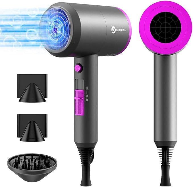slopehill Professional Ionic Hair Dryer, Powerful 1800W Fast Drying Low Noise Blow Dryer with 2 Concentrator Nozzle 1 Diffuser Attachments for Home Salon Travel