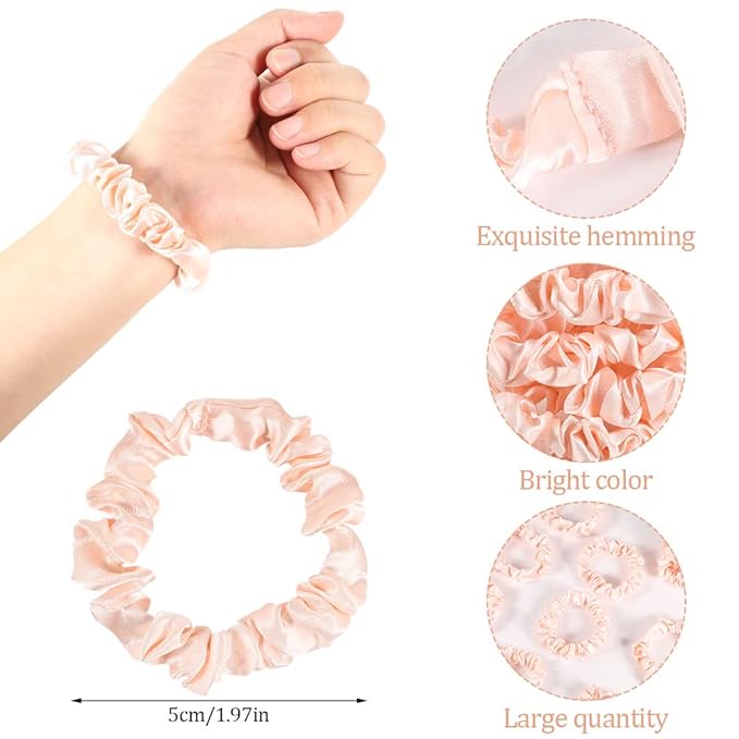 12Pcs Satin Hair Ties, Blush Silk Hair Scrunchies Skinny Hair Ties Ponytail Holder Pink Accessories Gift for Women Girls