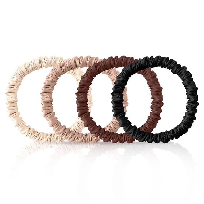 4Pcs Mulberry Silk Scrunchies Set, Silk Hair Ties Elastic for Women, Skinny Scrunchies Reduces Breakage for All Hair Types Srevela