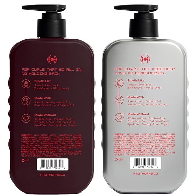 Hawthorne Curl Bounce Men's Curly Hair Shampoo and Conditioner Set. Sulfate Free Shampoo and Conditioner with Shea Butter and Macadamia Oil For Healthy, Hydrated Hair. Sandalwood Scent. 16 oz. each.