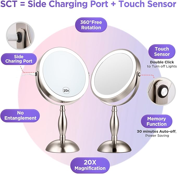 20x Magnifying Mirror with Light, 3 Color Modes and Adjustable Brightness with Lighted Makeup Mirror, Side Charging Port & SideTouch Sensor, 360° Rotation Double Sided Brushed Nickel