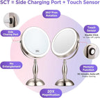 20x Magnifying Mirror with Light, 3 Color Modes and Adjustable Brightness with Lighted Makeup Mirror, Side Charging Port & SideTouch Sensor, 360° Rotation Double Sided Brushed Nickel