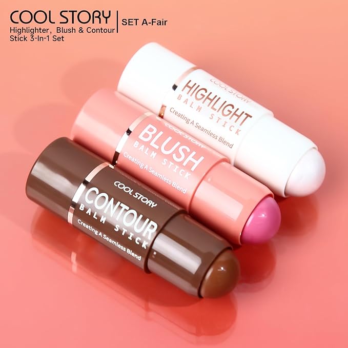 Cool Story 3-in-1 Makeup Set, Highlighter, Blush and Contour Balm Stick, Cream Formula for Face Contouring, Professional Cosmetic Kit (SET-A)