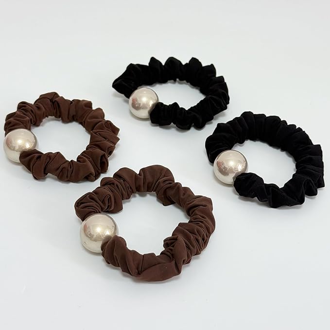 Silk Scrunchies Hair Ties 4Packs – Super Soft Thin Hair Scrunchies, Gentle on Hair, Faux Pearl Decorated Hair Accessories for Women