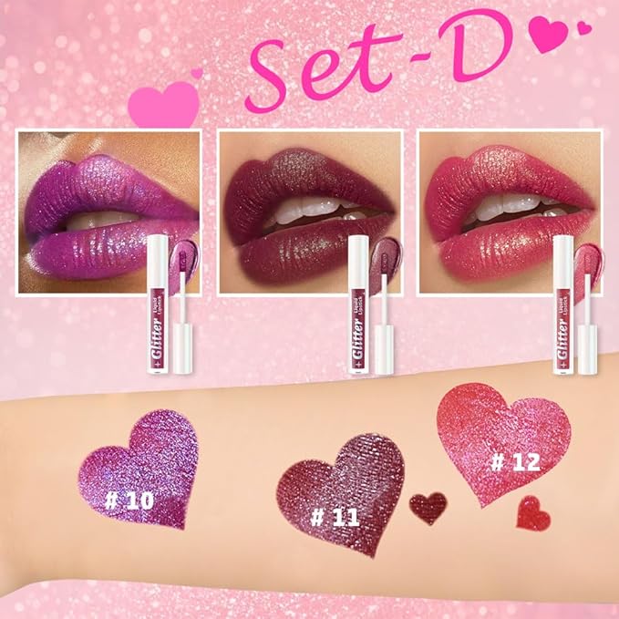 AMY'S DIARY 3Pcs Glitter Liquid Lipstick Set – Electric Purple, Plum Wine, Rose Pink – Shimmer Metallic Lip Gloss, Long-Lasting Waterproof Lip Color, High Shine Sparkle Makeup for Women(Set D)