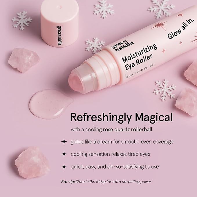 grace & stella Under Eye Brightener with Rose Quartz Rollerball - Hyaluronic Acid & Caffeine Eye Serum for Dark Circles & Puffiness - Travel Size Toiletries, Womens Christmas Gifts (15ml / 0.51floz)