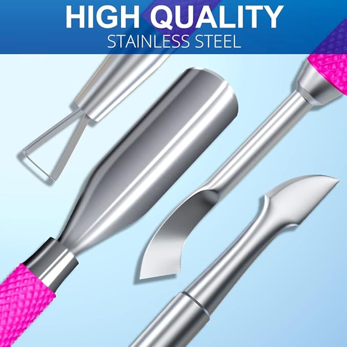 2PCS Metal Rose Pink Cuticle Pusher and Cutter Remover Salon Quality Stainless Steel Gel Nail Polish Peeler Scraper Durable Manicure and Pedicure Cleaner Tool For Fingernail and Toenail