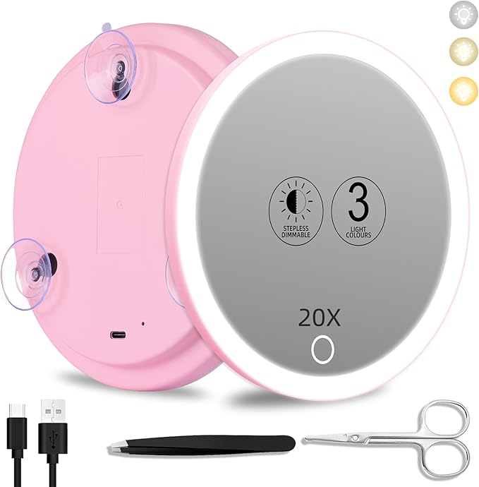 20x Lighted Magnifying Mirror with Suction Cups, Large 6'' Magnified Mirror with Light High Magnification Travel Makeup Mirror, Rechargeable Battery, 3 Colors Dimming Light, with Tweezers &Scissors