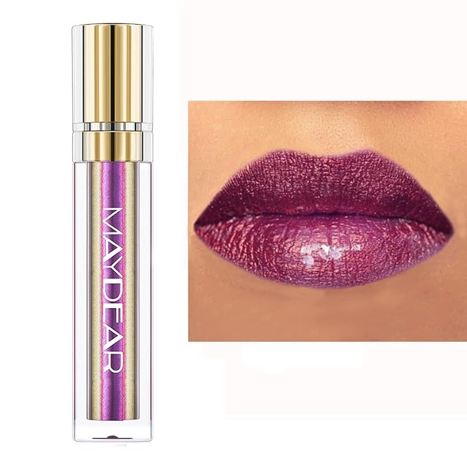 Maydear Chameleon Lipstick, Metallic Purple Multichrome Lip Gloss, Long Lasting Full-Coverage Rainbow Lip Makeup, Golden Plum (09)