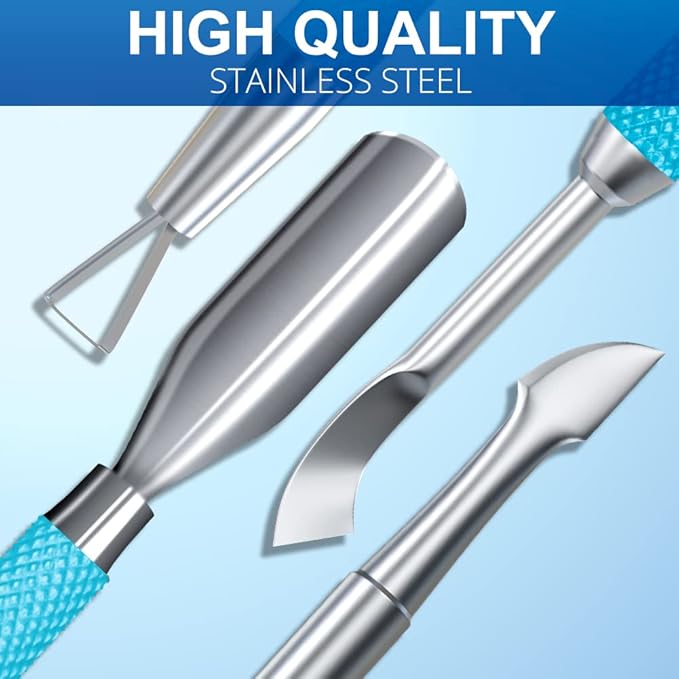 2PCS MetalTurquoise/Lake Blue Cuticle Pusher and Cutter Remover Salon Quality Stainless Steel Gel Nail Polish Peeler Scraper Durable Manicure and Pedicure Cleaner Tool For Fingernail and Toenail