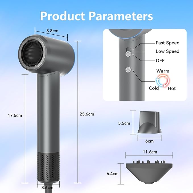 Hair Dryer,160000 RPM Ionic Hair Drye,Portable Lightweight Blow Dryer with 500 Million Negative Ions, High-Speed Hair Dryer with Magnetic Diffuser & Nozzle for Home and Travel