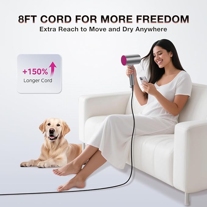 Ionic Hair Dryer, 1875W Fast Drying Blow Dryer with Diffuser and Concentrator Nozzle, Foldable Design, Negative Ion Hairdryer, 3 Heat 2 Speed Settings, Lightweight for Home & Travel, Gray