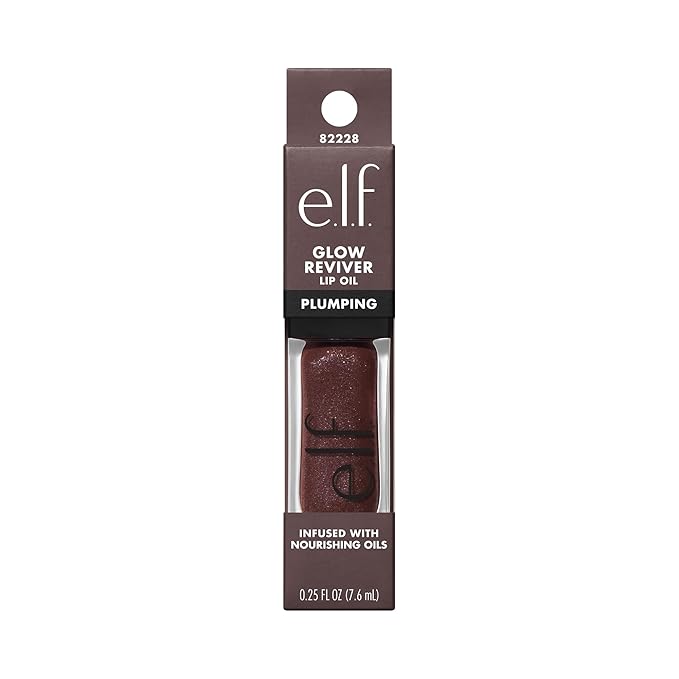e.l.f. Glow Reviver Plumping Lip Oil, Tinted Lip Plumper For A High-Shine, Plump Finish, Infused With Jojoba Oil, Vegan & Cruelty-Free, Espresso Tonic