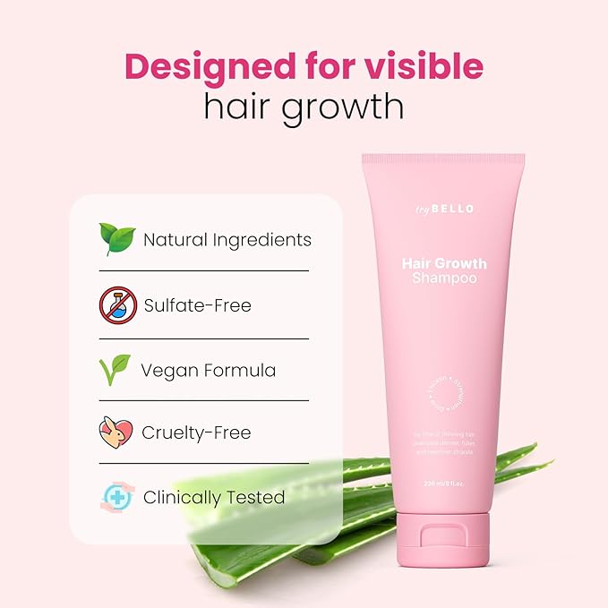 Trybello Hair Growth Shampoo | Natural Hair Thickening & Scalp Detox | Sulfate Free, Vegan, Anti-Hair Fall Formula | Caffeine, Aloe Vera, Turmeric, and Urucum Extract | For Any Hair Type