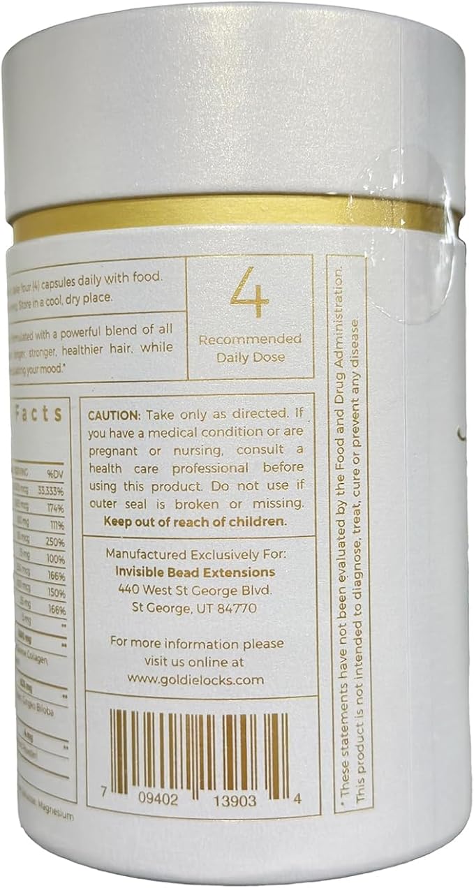 Goldie Locks Hair Growth Supplements Refill - Original Formula - Supports Hair, Skin, Nails & Joints - with Biotin, Multi-Collagen, Zinc & Adaptogenic Herbs - Daily Beauty Supplement - 120 Count