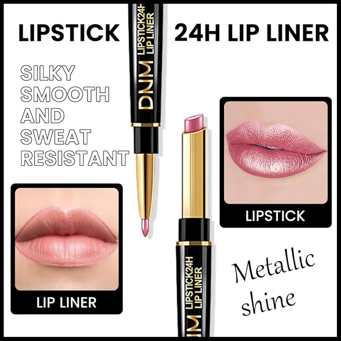 evpct 3Pcs Light Pink Nude Brown Metallic Shine Shimmer Lip Liner and Lipstick Combo Set Kit for Women, Lightweight Hydrating Formula High Impact Full Coverage Lipstick and Lip Liner Makeup Gloss