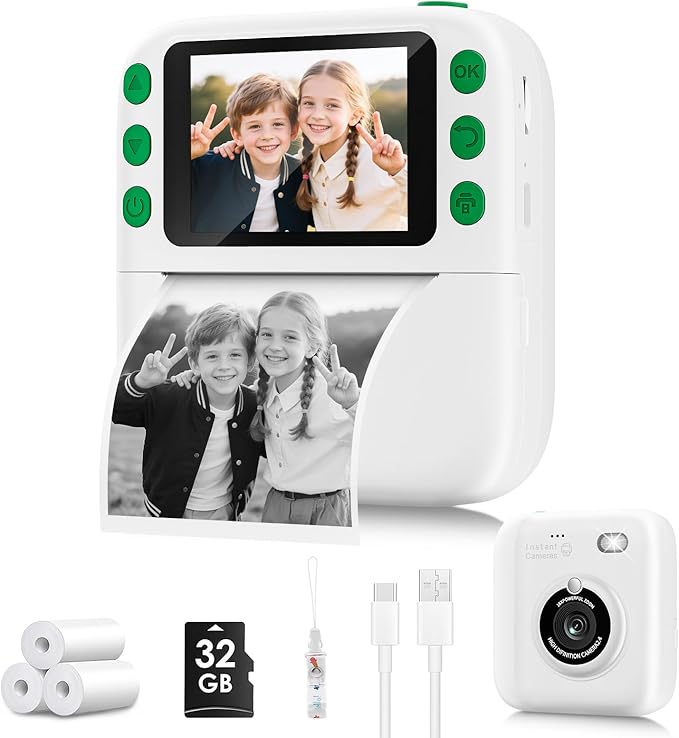 Instant Print Camera for Kids, Christmas Birthday Gifts for Girls Boys, 1080P Instant Digital Print Cameras for Toddler,Portable Toy for 4 5 6 7 8 9 10 Year Old Girl with 32GB SD Card，White