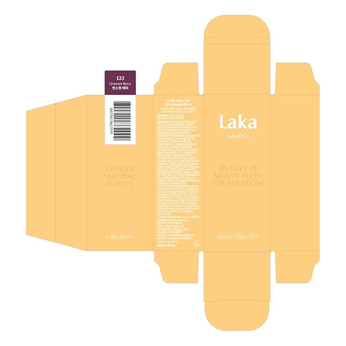 Laka Fruity Glam Tint, 4.5g/0.15oz, Glowing Lip Stain with Wide Color Spectrum, Hydrating & Lightweight Texture, Long-Lasting Bold Stain, Non-Sticky, Vegan, K-Beauty (#123 Unsweet berry)