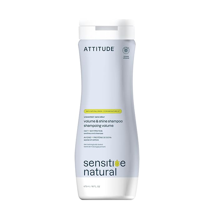 ATTITUDE Hair Shampoo for Sensitive Dry Scalp, EWG Verified, Soothing Oat, For Thin Hair, Naturally Derived Ingredients, Vegan and Plant-Based, Volume and Shine, Unscented, 16 Fl Oz