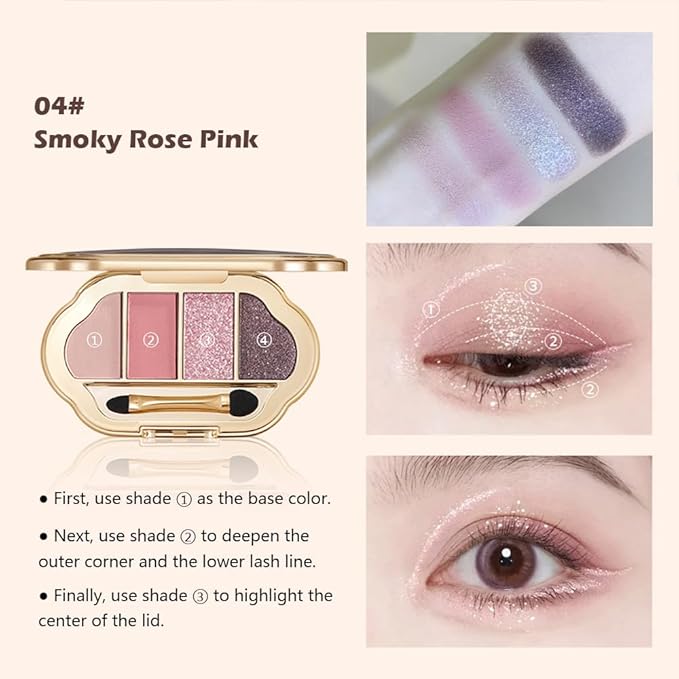 Nude Eyeshadow Palette 4 Colors, Smoky Pink Rose Matte Shimmer Eye Shadow Quad, Soft Pink Neutral Shades, High Pigment Long-Lasting Blendable Formula, Perfect for Romantic Daily Looks, 4#