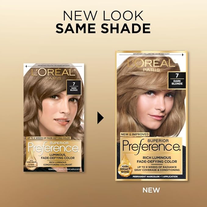 L'Oreal Paris Superior Preference Luminous Fade-Defying Permanent Hair Color, Hair Dye For Up to 9 Weeks of Radiance, Dark Blonde 7, 1 Hair Dye Kit