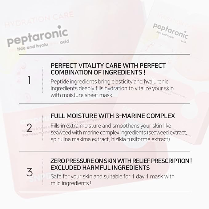 SNP Peptaronic Ampoule Sheet Mask | Peptide and Hyaluronic Acid Sheet Mask | Hydrating, Moisturizing, and Friming for Dry Skin Types | Korean Skin Care Facial Mask | 10 Sheets
