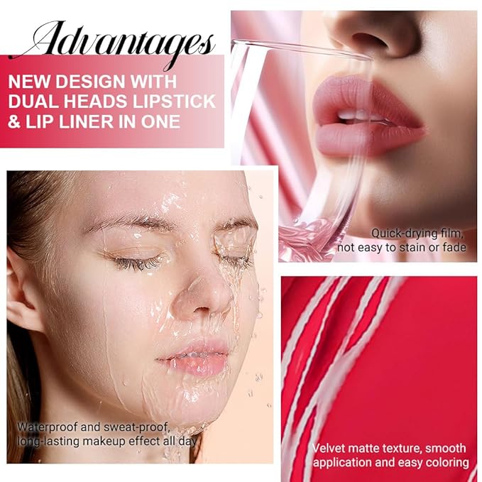 evpct 1Pcs Fire Bright Red Matte Lip Liner & Liquid Lipstick Stain Makeup Set for Women, Red Lip Liner Stain Long Lasting Waterproof Smudge Proof, Cruelty Free Lip Stick Makeup 24 hours originales, 64