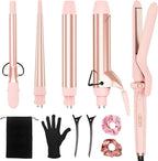 Ufree 5 in 1 Curling Iron with Ceramic Barrels (0.35"-1.25"), Curling Wand Set with Flat Iron Hair Straightener, Instant Heat Up, Dual Voltage Hair Curler, Gifts for Women, Pink