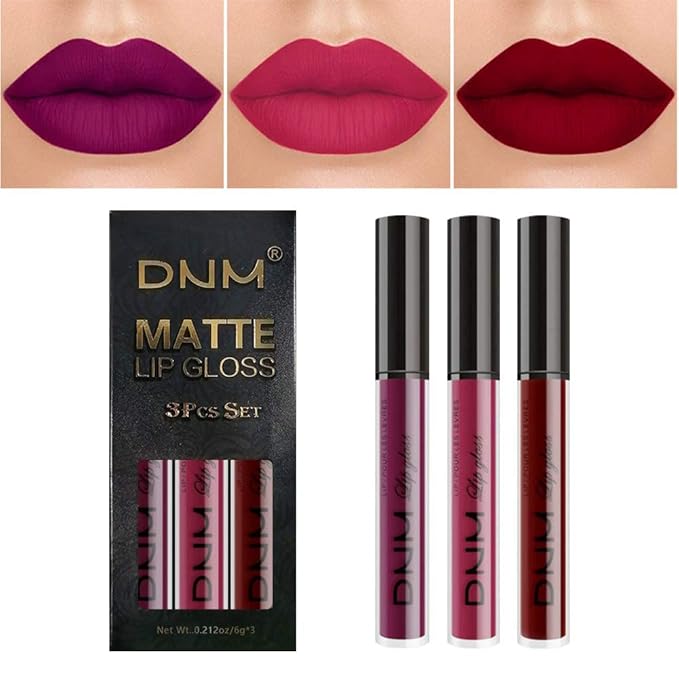 evpct 3Pcs Dark Purple Red Rose pink Matte Liquid Lipstick Sets for Black Women Matte Lipstick Lip Stain Long Lasting Waterproof 24, labial mate larga duracion 24 labiales mate 24 horas originales
