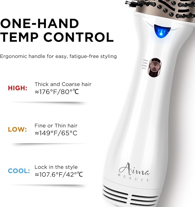Aima Beauty Blow Dryer Brush - Ionic Ceramic Hot Air Brush for Frizz-Free Straightening & Voluminous Blowout, 2.3‘’/ 60mm Oval Barrel with Nylon Bristles, 360 Surrounded Vent, 3 Heat Settings, White