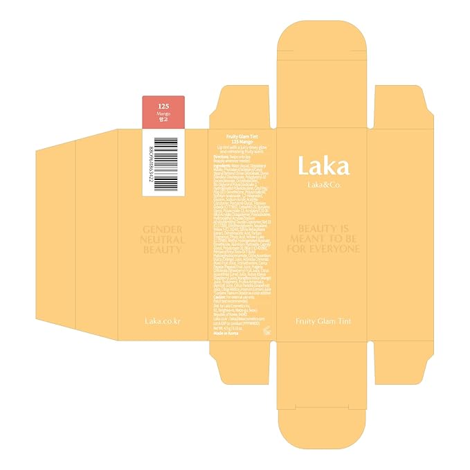 Laka Fruity Glam Tint, 4.5g/0.15oz, Glowing Lip Stain with Wide Color Spectrum, Hydrating & Lightweight Texture, Long-Lasting Bold Stain, Non-Sticky, Vegan, K-Beauty (#125 Mango)