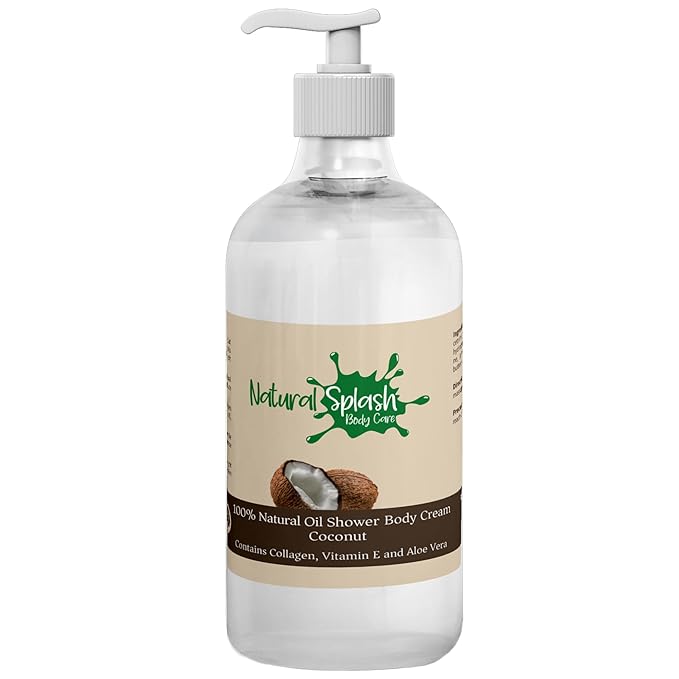 Natural Splash – Shower Body Cream – Natural Coconut Oil with Shea Butter, Collagen, Vitamin E and Aloe Vera - Moisturizing, Nourishing, and Soothing Skin Care.
