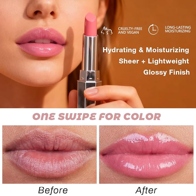 evpct Pink Honey Lipstick Tinted Lip Balm, Sheer Hydrating Shine Tinted Lipstick for Women, Moisturizing Lip Color, Nourishing Tinted Lip Balm Plumper Gloss Stain, Glossy Shiny Finish, 02 Pink