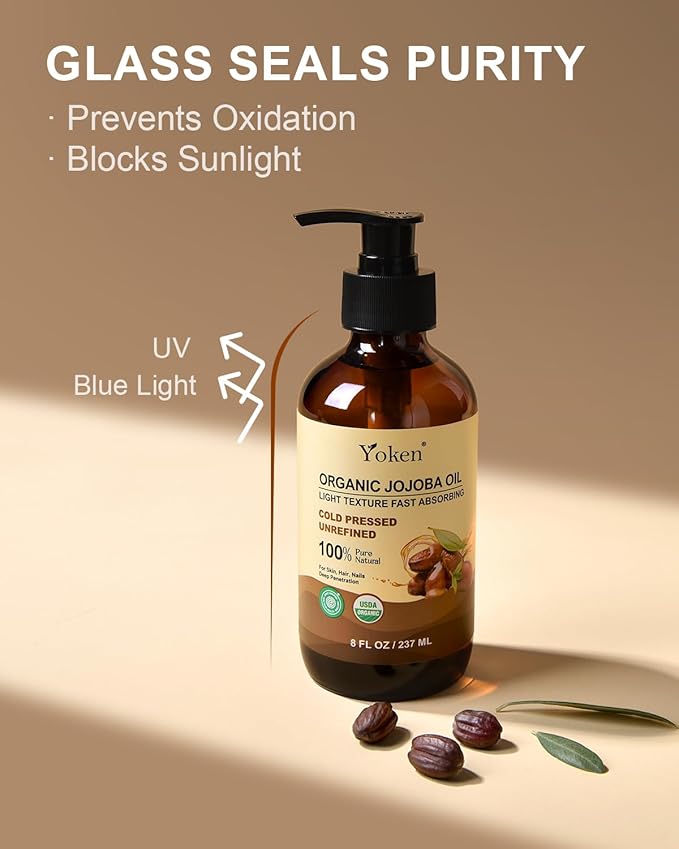Organic Jojoba Oil Glass Bottle 8 fl oz, USDA Certified 100% Pure & Natural Jojoba Oil for Hair, Skin & Face, Cold Pressed Unrefined Hexane Free, Deeply Moisturizing Body Serum Oils for Gua Sha