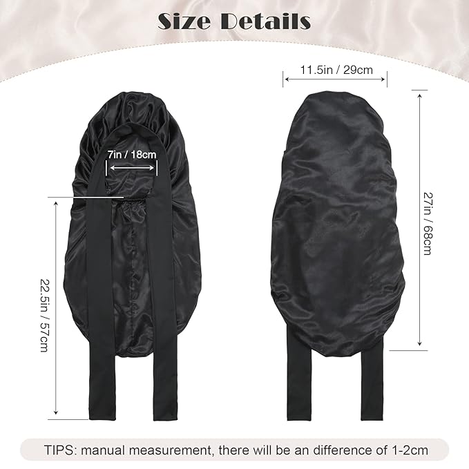 AWAYTR Long Satin Bonnet for Braids - Elastic Silk Hair Bonnets for Sleeping Night Cap Stretchy Tie Band for Women（Black）