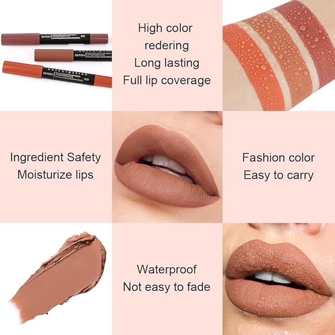 evpct 1Pcs Light Nude Brown Matte Lipstick and Lip Crayon Liner Pencil Set for Women Lip Stain Long Lasting Waterproof labiales mate magicos 24 horas originales pintalabios permanente 24 horas 17