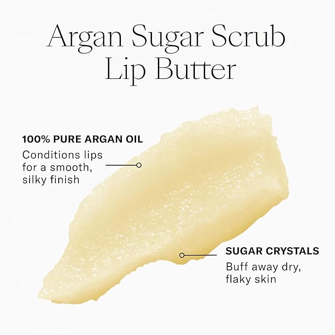 Josie Maran Lip Exfoliator Scrub & Plumping Lip Gloss - Argan Sugar Scrub Lip Butter in Crystal Clear & Hyaluronic Lip Booster in Happy - Buff Away Dry Skin for Soft Lips (2 Piece Lip Care Kit)