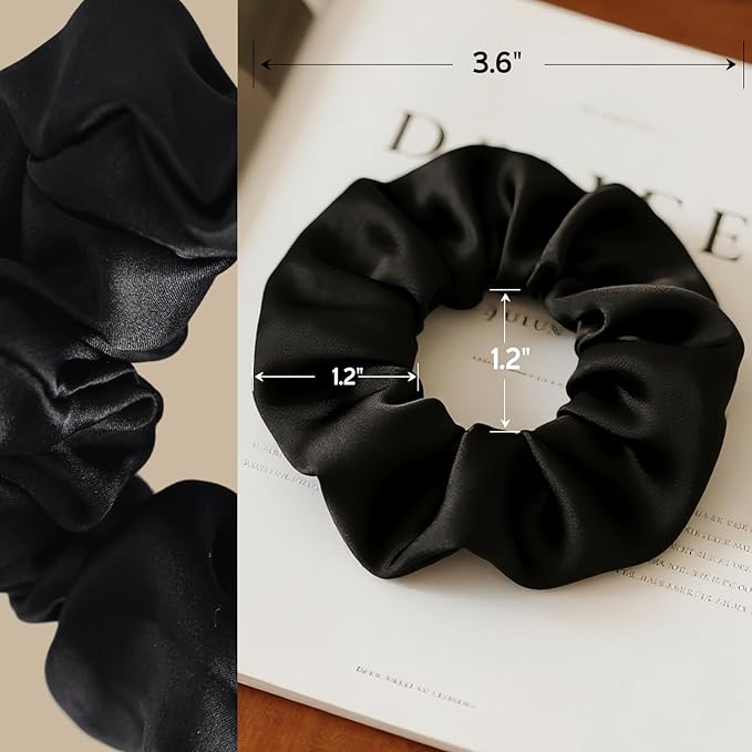Silk Scrunchies for Women, 100% Mulberry Silk Hair Ties No Damage, Gentle No-Pull Elastic Ponytail Holders, 1Pc (Black)