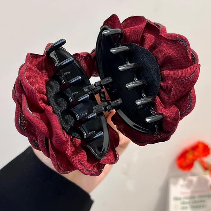 4pcs Handmade Fabric Rose Flower Hair Claw Clip for Women Girls, 3.94" Large Boho Hawaiian Floral Hairpins Barrettes for Thick Thin Hair Styling Accessories(Blue Wine Red)