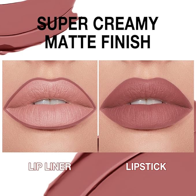 evpct Dusty Rose Gradient Matte Lipstick Lip Liner Crayon Combo Pencil Set for Women Long Lasting Waterproof, Rose Pink Matte Cream Lip Liner and Lipstick Combo Makeup, Flawless Gradual Ombre Effect