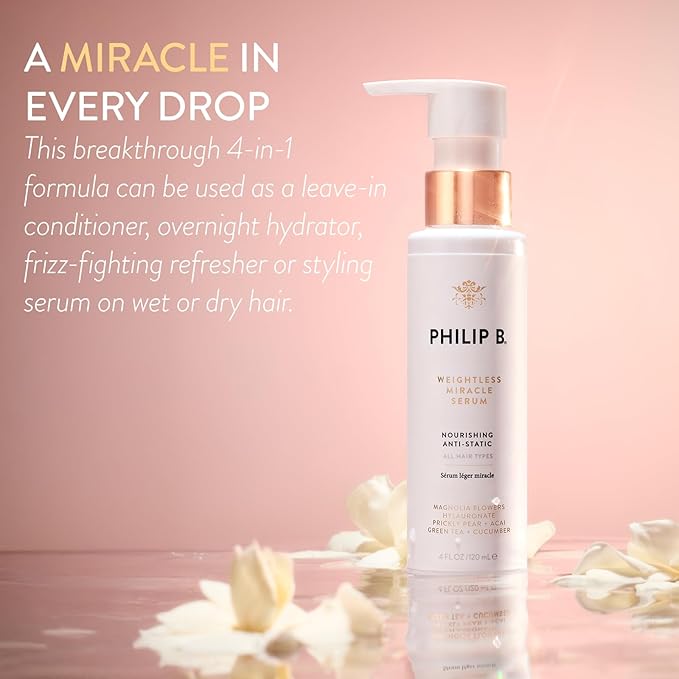 PHILIP B. Weightless Miracle Serum, Leave-In Hair Conditioner Treatment, 4 Fl Oz (120 mL) - Conditions Dry, Damaged Strands with Hyaluronic Acid, Smooth Frizz and Prevent Damage