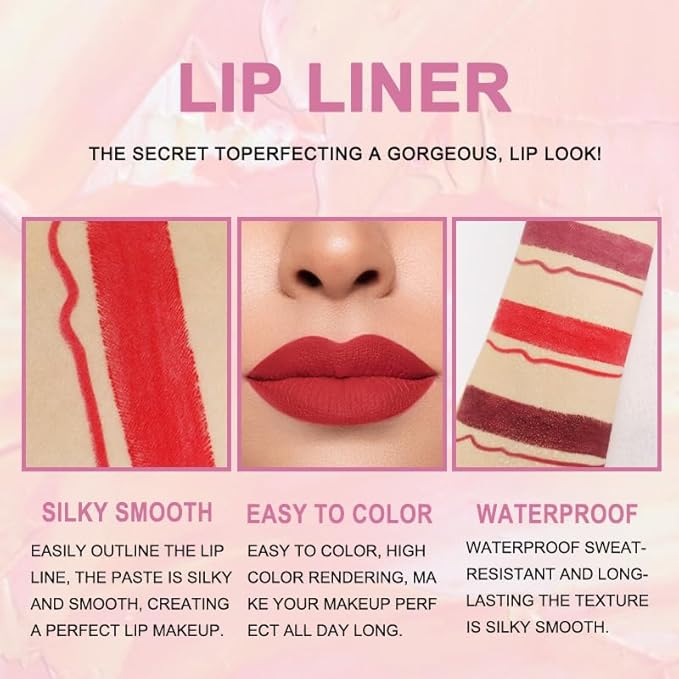 evpct 3Pcs Dark Deep Ruby Mauve Red Lip Liner and Lipstick Set Kit for Women Matte Matt 24 Hours Lipstick Pen and with Lip Liner Pencil Set Long Lasting 24 labial labiales mate 24 horas originales