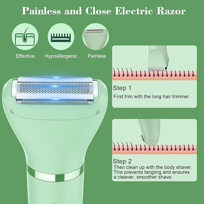 3-in-1 Electric Razor IPX7 Waterproof Bikini Trimmer Wet & Dry Use Painless Personal Trimmer Groomer for Ladies Face Body Legs Bikini Public Hairs Electric Lady Shaver with Replaceable Heads